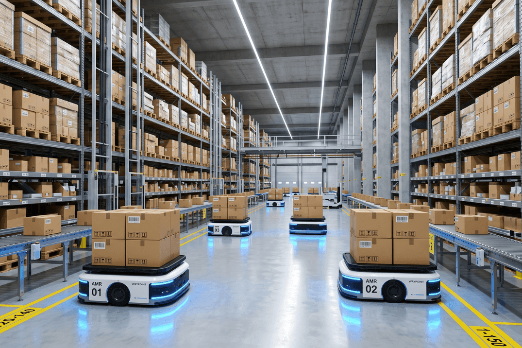 Autonomous mobile robots transporting cartons alongside conveyor systems in a modern warehouse, illustrating flexible automation commonly used in ASRS retrofit projects