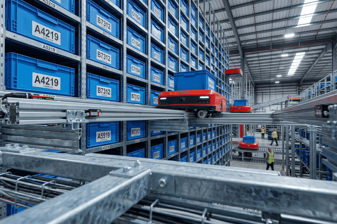 High-density shuttle-based ASRS system with autonomous robots transporting blue storage totes within a structured racking system, illustrating the balance between storage capacity and retrieval responsiveness in automated warehouse operations.