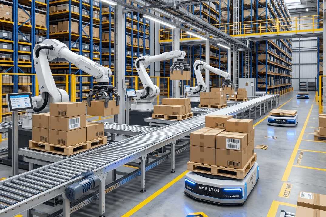 Automated warehouse with robotic picking arms, conveyor system, and autonomous mobile robots integrated with ASRS racking, illustrating system-wide dependencies in warehouse automation
