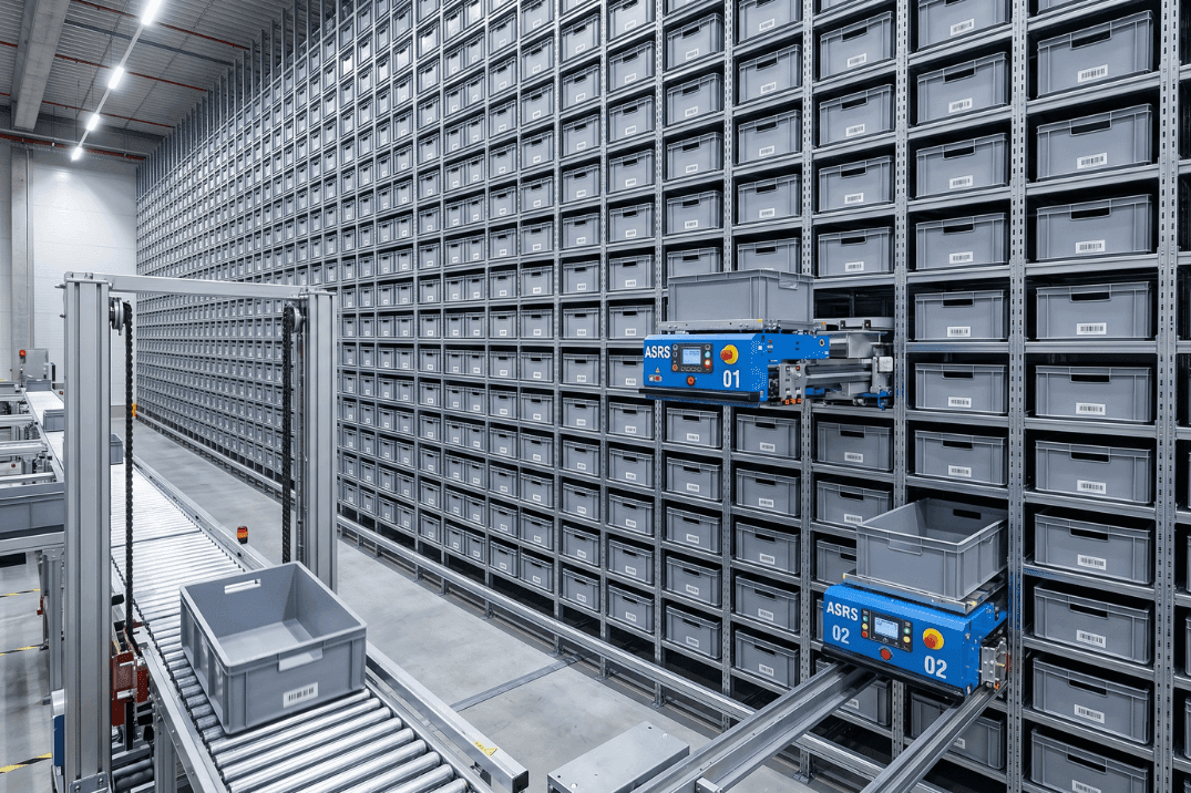 Mini-load automated storage and retrieval system handling totes within dense racking, illustrating a compact ASRS solution suited to retrofit warehouse installations