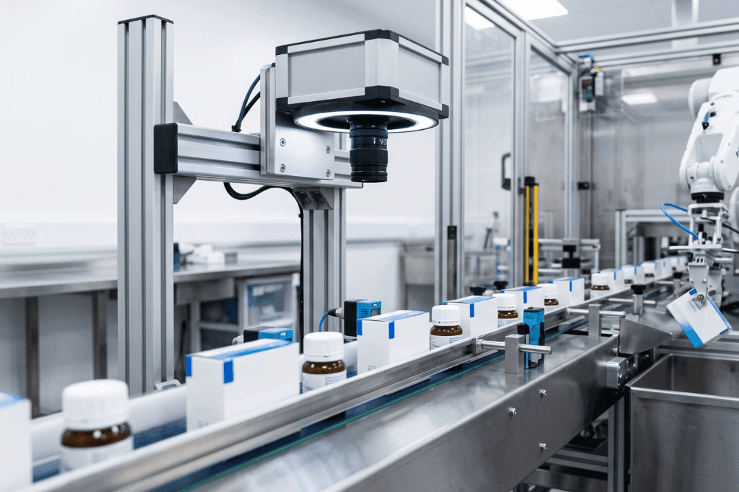 Machine vision system inspecting pharmaceutical packaging on an automated production line.