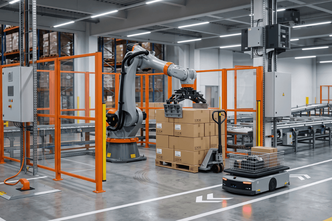 Industrial robotic arm, AMR and conveyor infrastructure in a modern automated warehouse.
