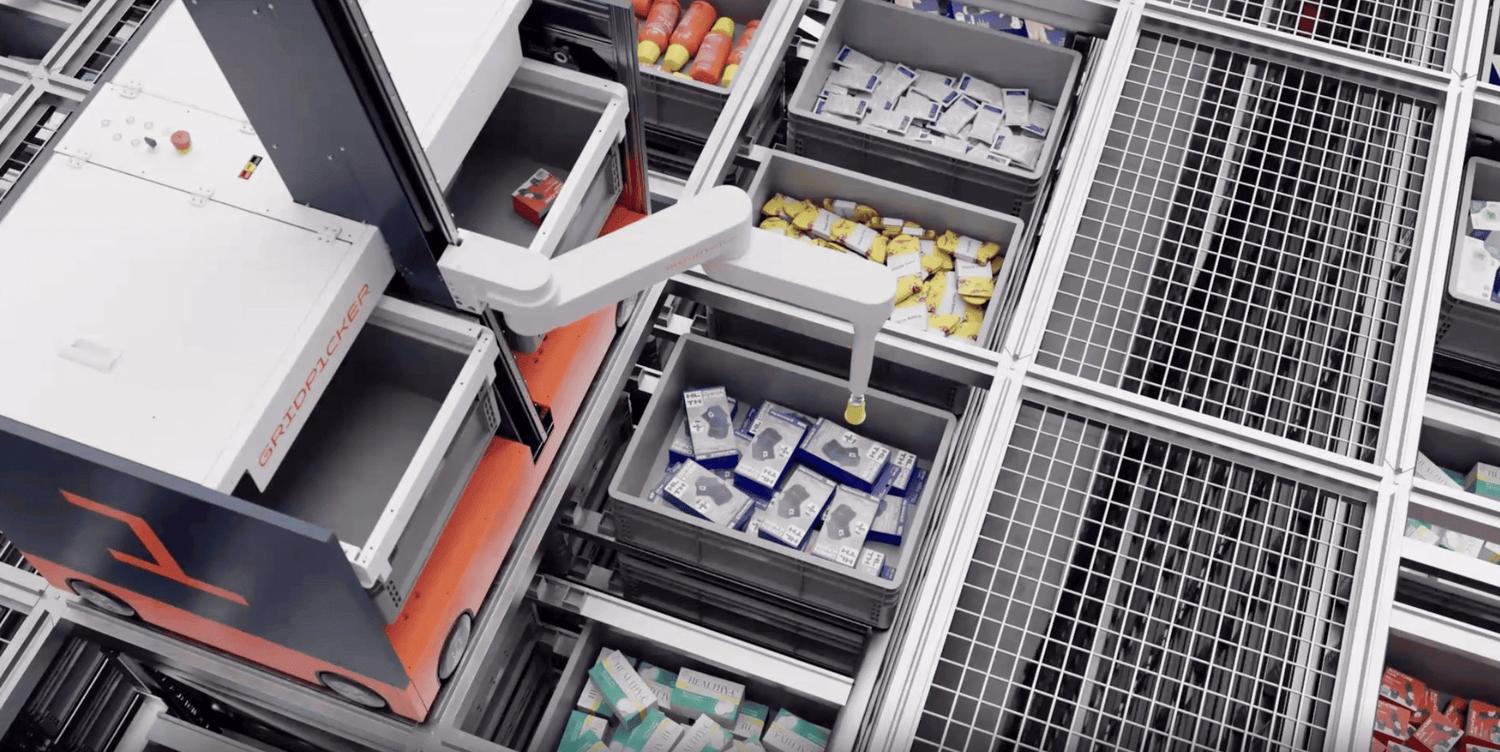 Gridpicker inventory overhead view, colour-sorted bins on a grid